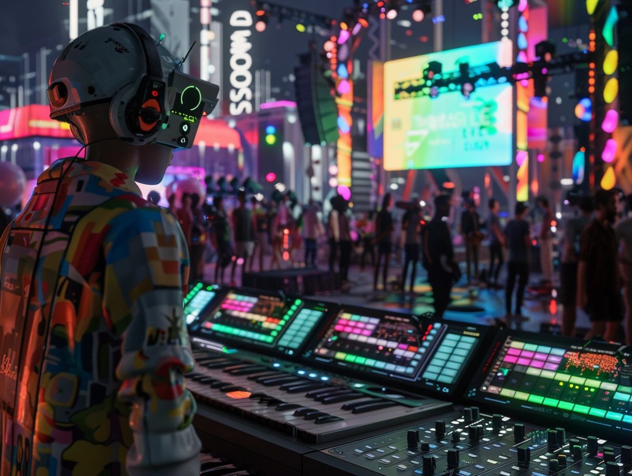A DJ wearing a VR headset and colorful jacket stands at a mixing console in a vibrant, futuristic concert venue. A large screen and a crowd of people are visible in the background, illuminated by multi-colored lights.