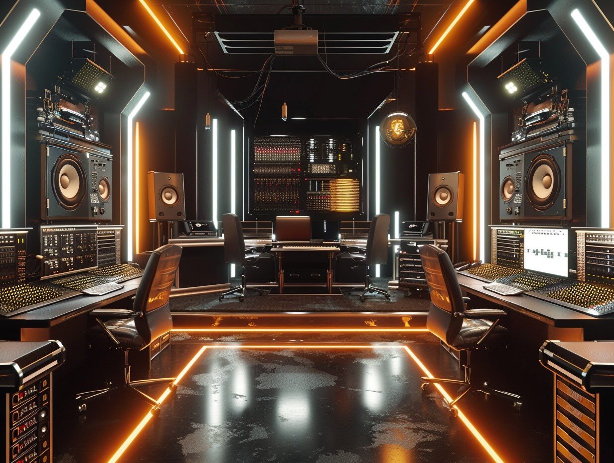 A sleek, modern recording studio with advanced audio equipment, large speakers, and multiple monitors. The room features black walls with bright orange and white LED strips creating a high-tech ambiance.