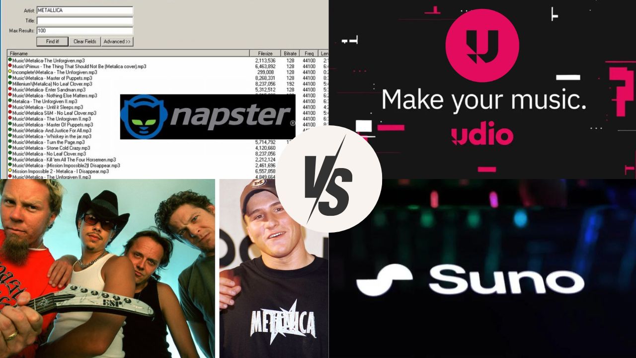 Side-by-side comparison graphic of the 2000 RIAA vs. Napster lawsuit and the 2024 RIAA vs. Suno & Udio lawsuit, highlighting parallels between the two copyright cases