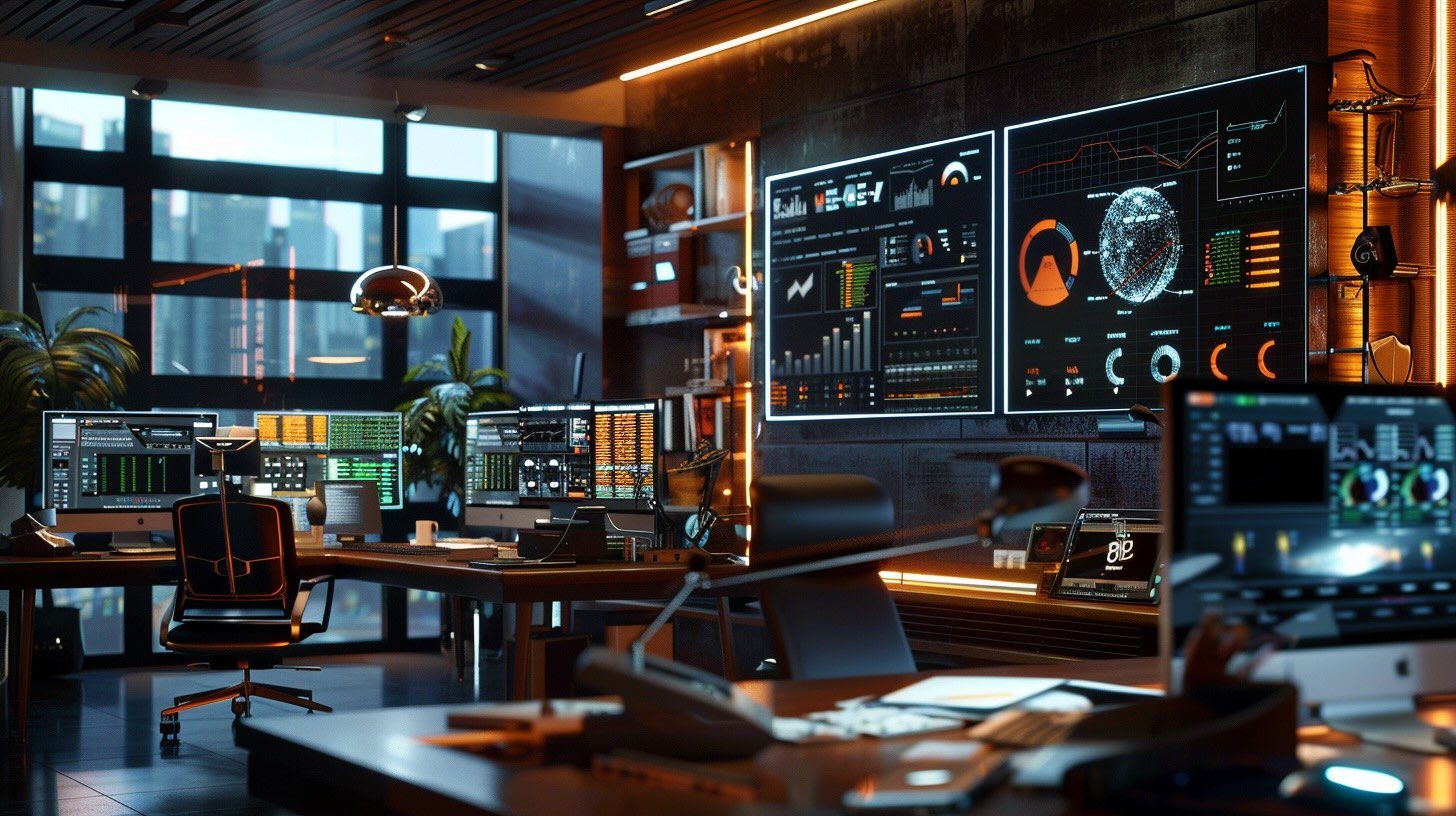 A high-tech office with multiple desks and large screens displaying various data visualizations and graphs. The room has modern furniture, plants, and warm lighting from ceiling fixtures. A cityscape is visible through the large windows.