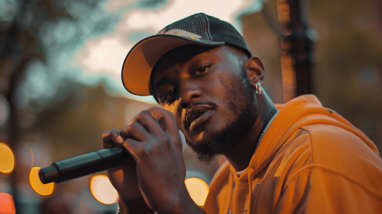Young man in an orange hoodie and a cap holding a microphone, in an outdoor setting with blurred lights in the background.