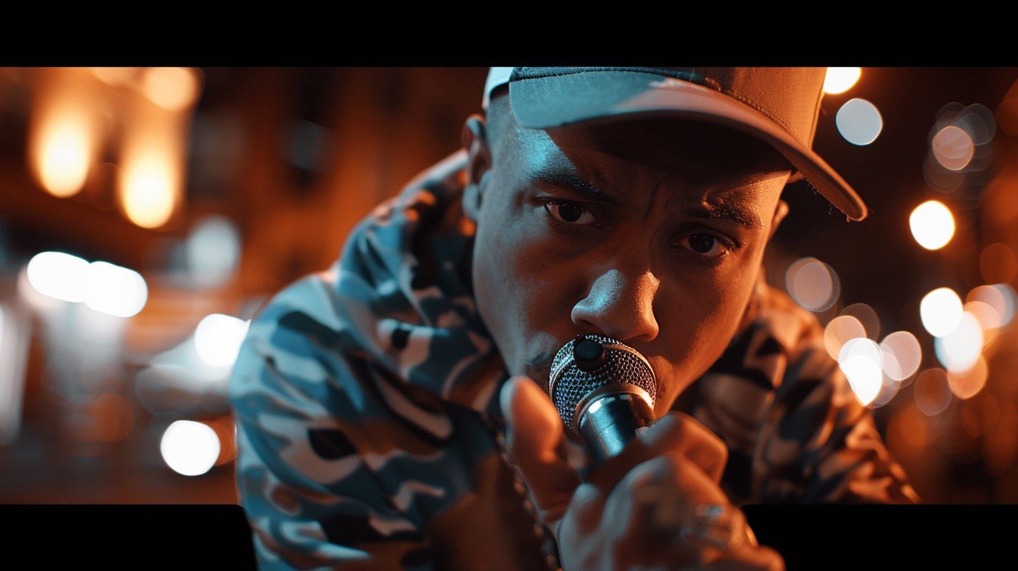 Young man in a camo hoodie and cap holding a microphone, in a night setting with blurred city lights in the background.