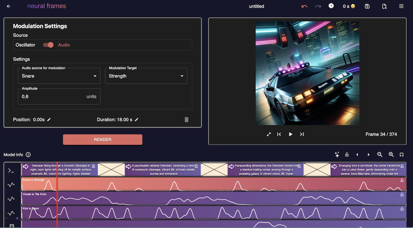 The "Neural Frames" interface features modulation settings and a tutorial pop-up. The settings include an oscillator source, with modulation targets like strength and amplitude. The background shows a preview of a Delorean in a neon-lit city, and an audio timeline with various effects.