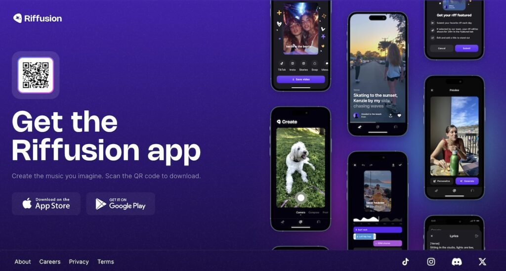 A promotional image for the Riffusion app featuring a QR code, App Store and Google Play logos, and multiple phone screens displaying different app interfaces. The text reads: "Get the Riffusion app. Create the music you imagine. Scan the QR code to download."