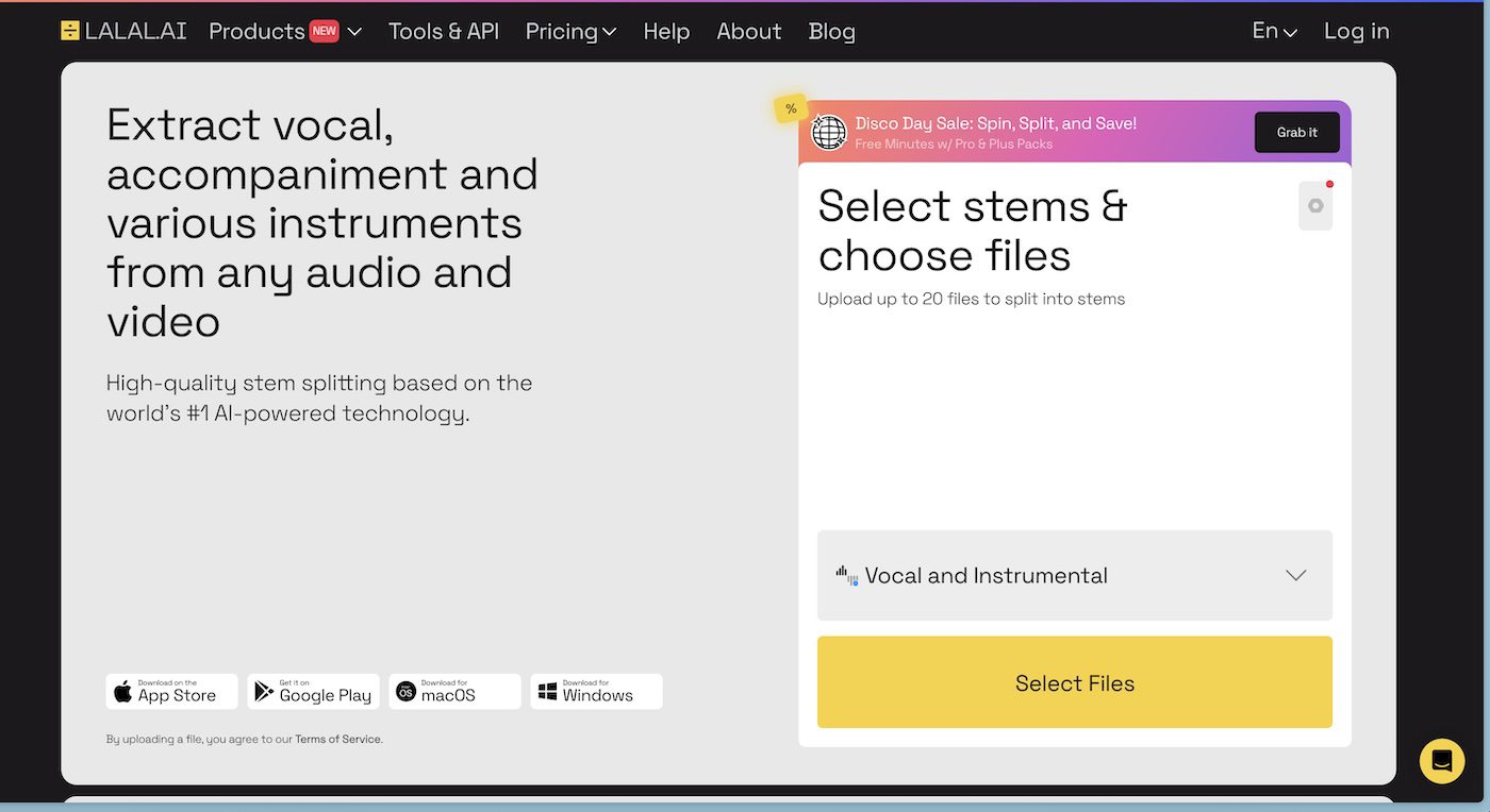 Screenshot of LALAL.AI homepage showing a section to extract vocal, accompaniment, and various instruments from audio and video. The interface prompts users to select stems and choose files, with options for app downloads at the bottom.
