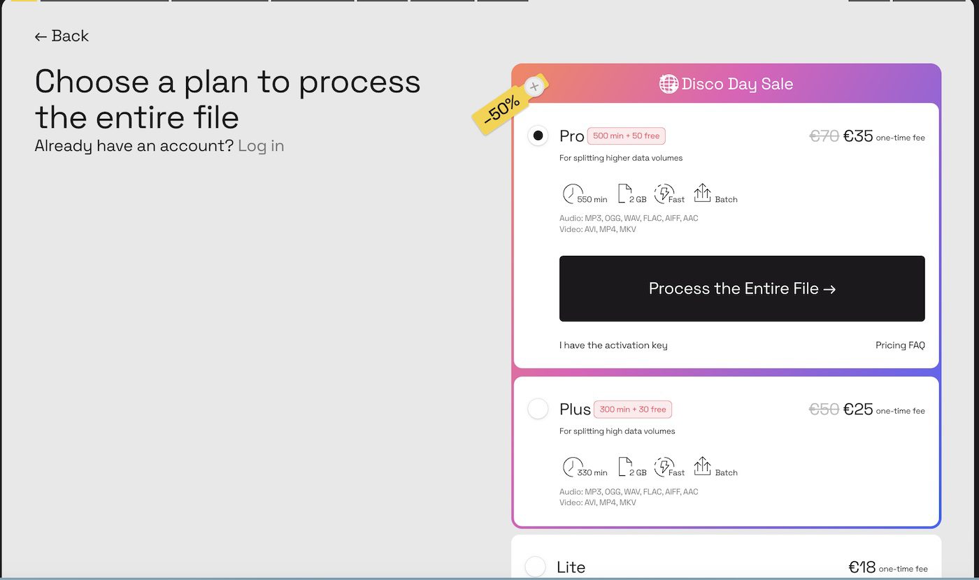 Lalal.ai Screenshot of LALAL.AI pricing plans, featuring Pro, Plus, and Lite options with a Disco Day Sale offering discounts. Each plan shows details on minutes, data volume, and file formats supported.