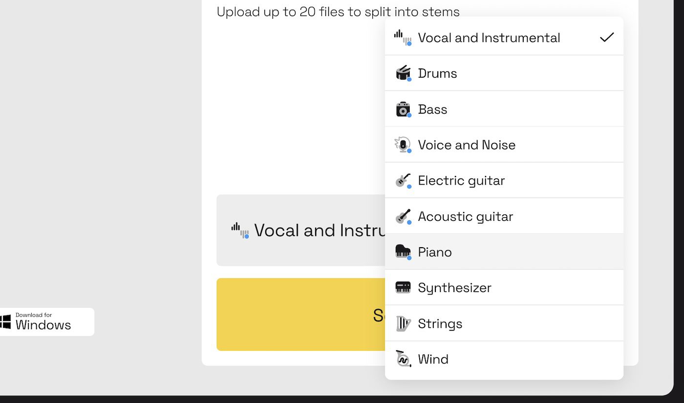 Close-up of LALAL.AI stem selection menu, showing options like Vocal and Instrumental, Drums, Bass, Voice and Noise, and more.