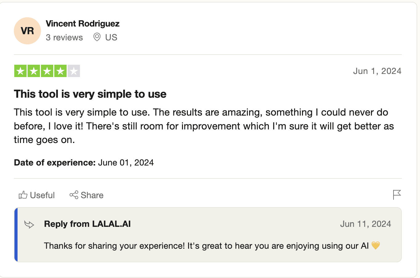 A Lalal.ai review by Vincent Rodriguez from the US, showing a four-star rating. He finds a tool simple to use with amazing results but sees room for improvement. The date of experience is June 1, 2024. A reply from LALAL.AI thanks him for his feedback.