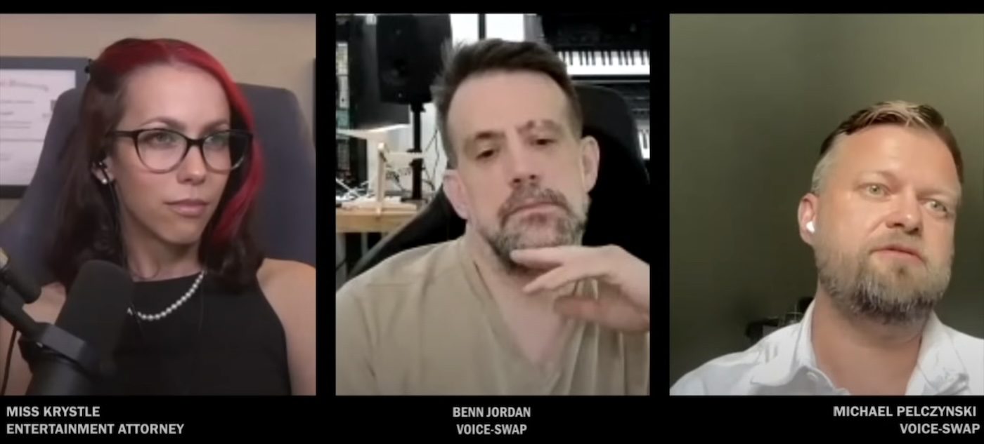 Three people in separate video call windows. The woman on the left, labeled "MISS KRYSTLE ENTERTAINMENT ATTORNEY," has black glasses and red-streaked hair. The man in the middle, "BENN JORDAN VOICE-SWAP," has short brown hair and a beard, and the man on the right, "MICHAEL PELCZYNSKI VOICE-SWAP," has short blonde hair and a beard.