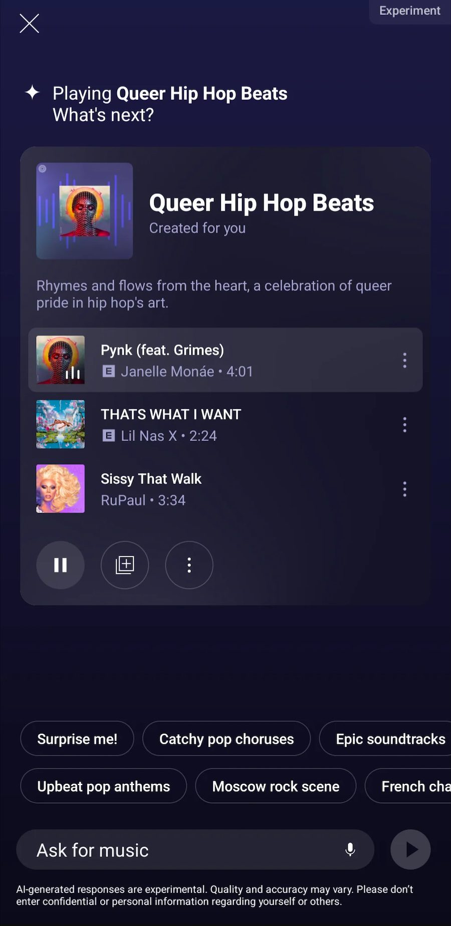 A dark purple music app interface showing a playlist titled "Queer Hip Hop Beats." The current song playing is "Pynk (feat. Grimes)" by Janelle Monáe, followed by "THATS WHAT I WANT" by Lil Nas X and "Sissy That Walk" by RuPaul. At the bottom, there are buttons labeled "Surprise me!", "Catchy pop choruses," "Epic soundtracks," "Upbeat pop anthems," "Moscow rock scene," and "French chanson." A text input field labeled "Ask for music" and a play button are also visible.