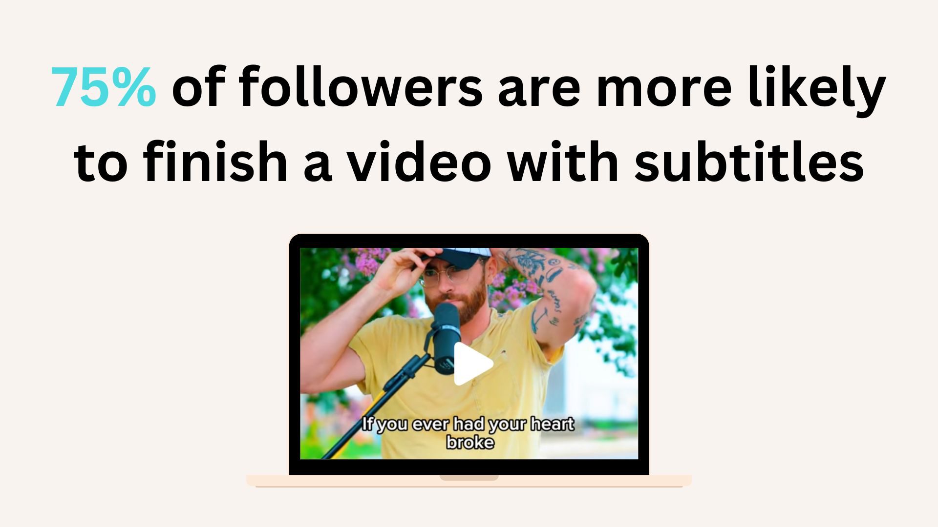 Text reads "75% of followers are more likely to finish a video with subtitles" above an image of a man in a yellow shirt and hat speaking into a microphone, with subtitles on a laptop screen.