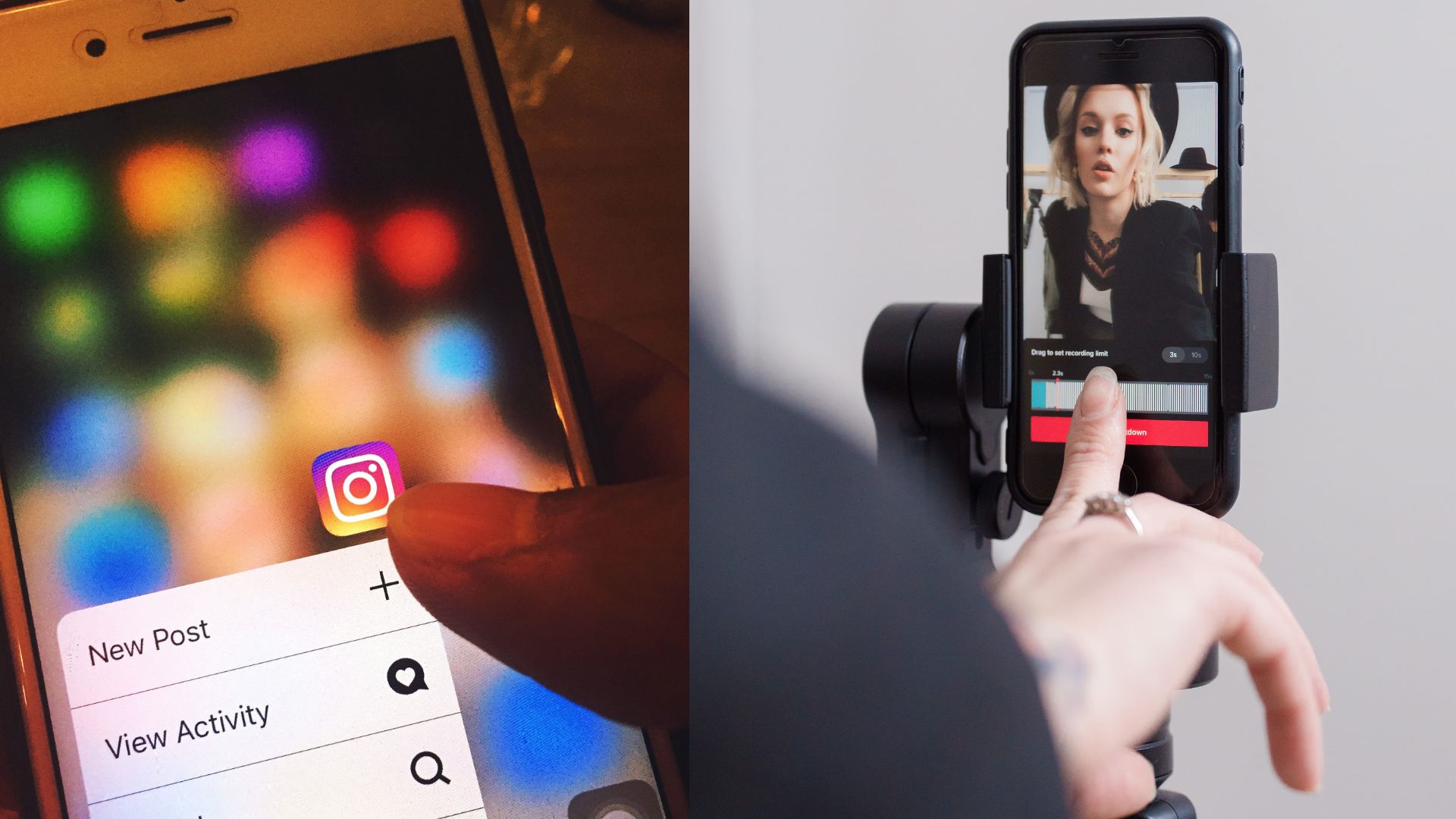 A split image: the left side shows a smartphone screen with an Instagram icon, and the right side shows a woman recording herself with a smartphone mounted on a tripod.