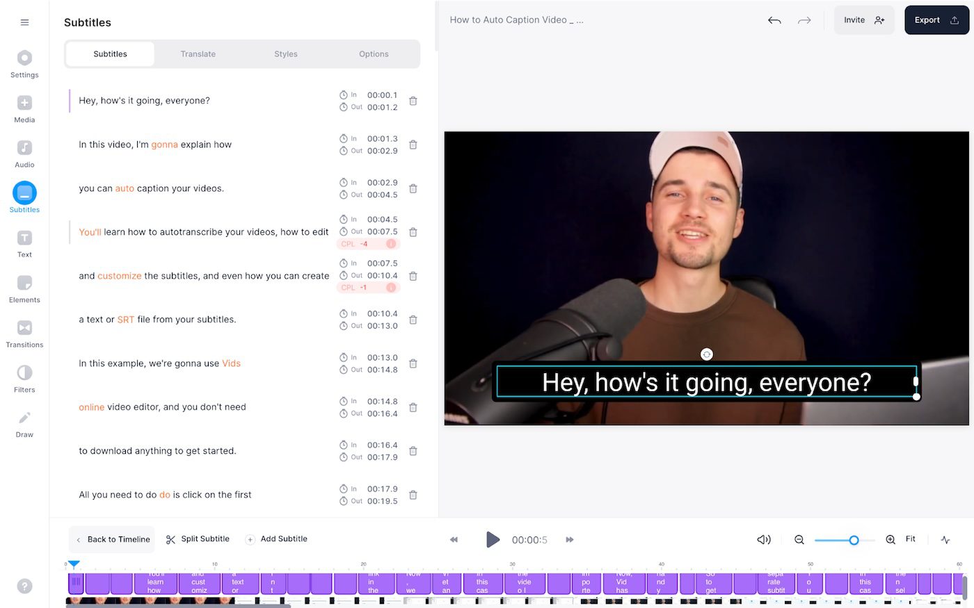 A video editing interface showing subtitle options on the left and a video preview on the right. The video features a man in a cap speaking into a microphone, with subtitles reading "Hey, how's it going, everyone?"