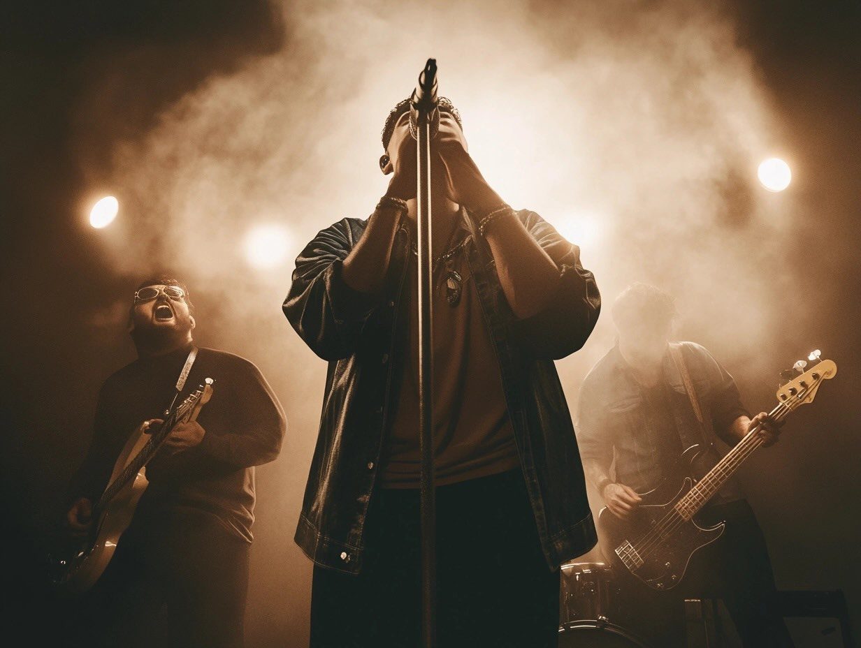 Four-piece band performing live, with a singer, guitarist, and bassist under dramatic lighting.