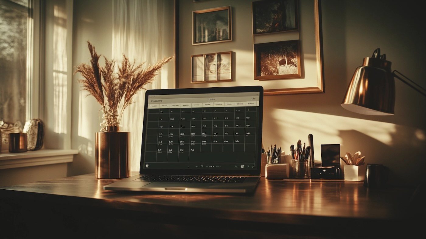 A laptop sits on a desk beside a calendar, creating a workspace ready for productivity and planning.