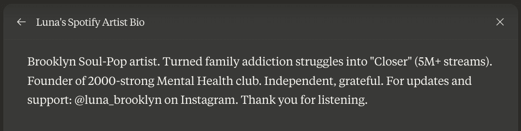 Revised Luna Spotify bio: addiction struggles led to 'Closer' and founding a mental health club.
