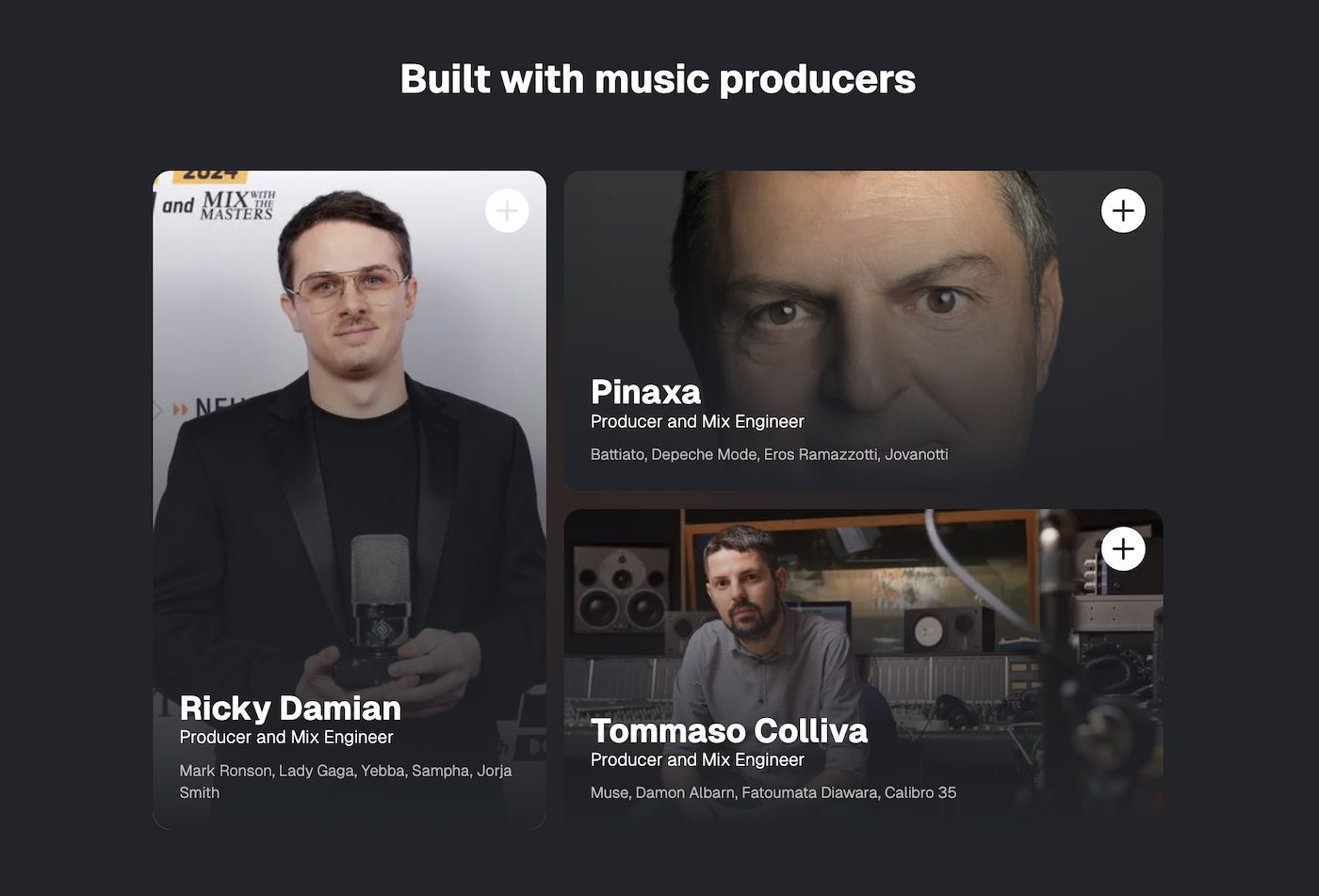 Three music producers featured in the Forte software campaign, including Ricky Damian, Pinaxa, and Tommaso Colliva, with artists they've worked with listed beneath their names, such as Mark Ronson, Lady Gaga, Depeche Mode, and more.