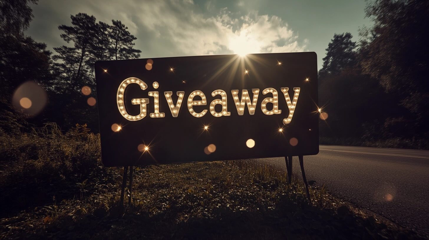 Illuminated 'Giveaway' sign in a field with trees and a road in the background.