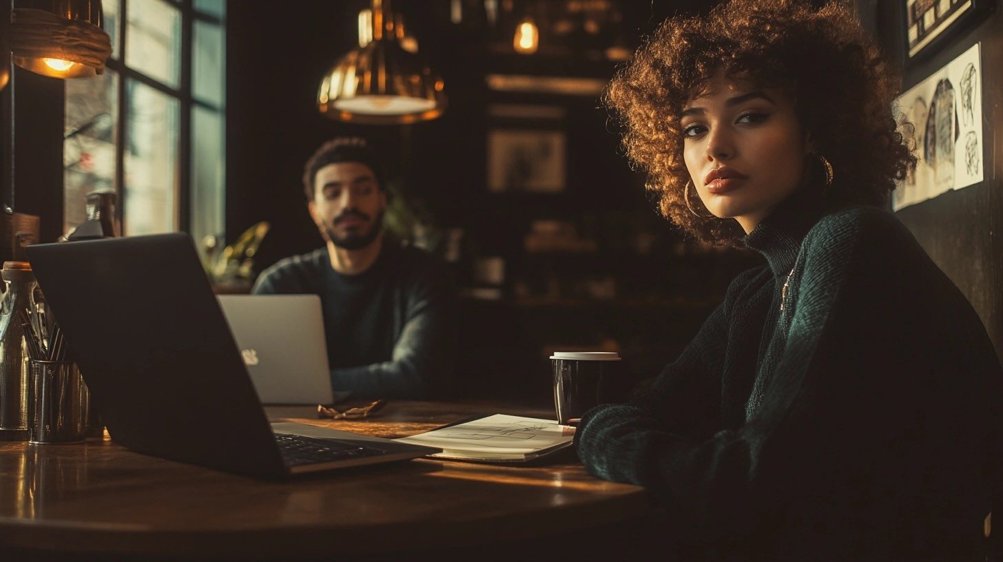 Woman working on a laptop in a cozy cafe with a man in the background.