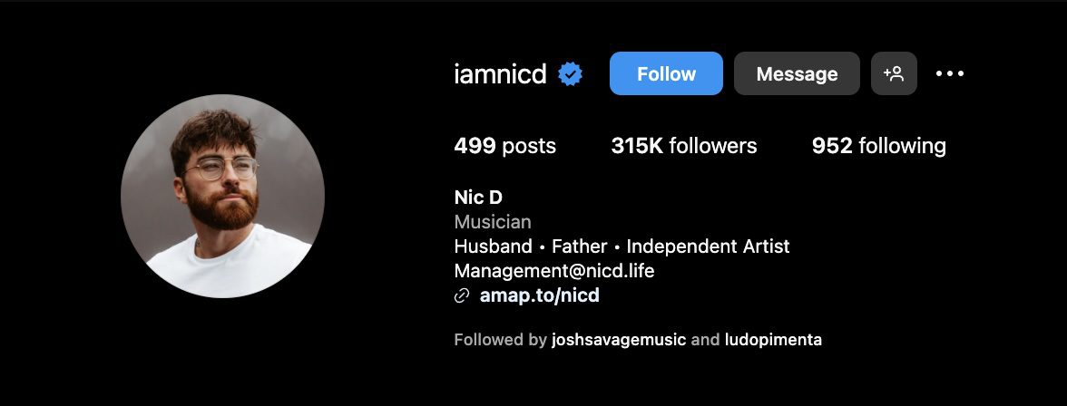 Instagram profile of Nic D with bio: 'Husband, Father, Independent Artist.'