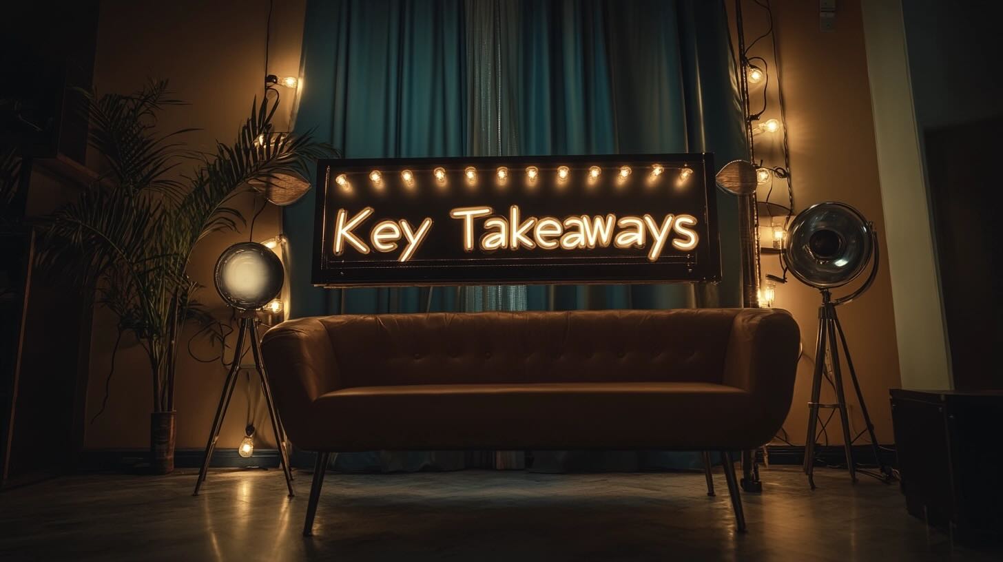 Illuminated 'Key Takeaways' sign in a cozy room with studio lights and a sofa.