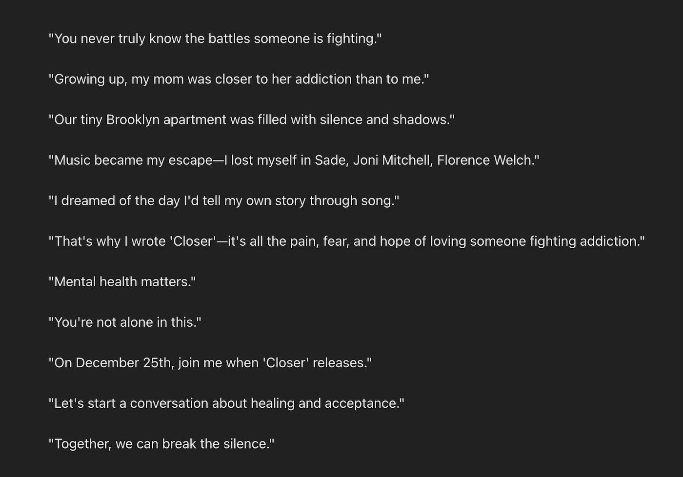Finished ChatGPT video script about Luna Raye's personal story of addiction and healing through music.