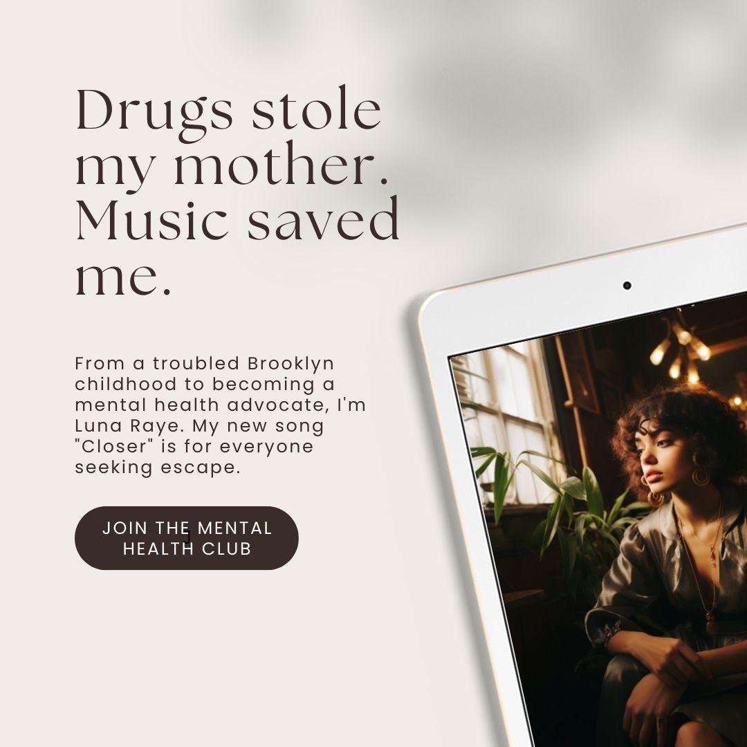 Tablet displaying a promotional image for Luna Raye's song 'Closer' and her mental health club.