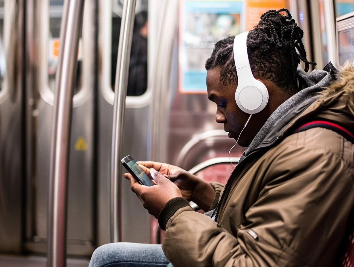 Man wearing headphones on a subway, using his phone, deeply focused.
