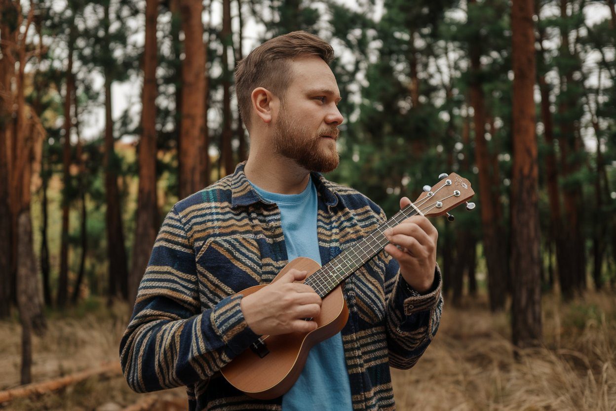 A man playing a ukulele in a forest setting, wearing a striped sweater.