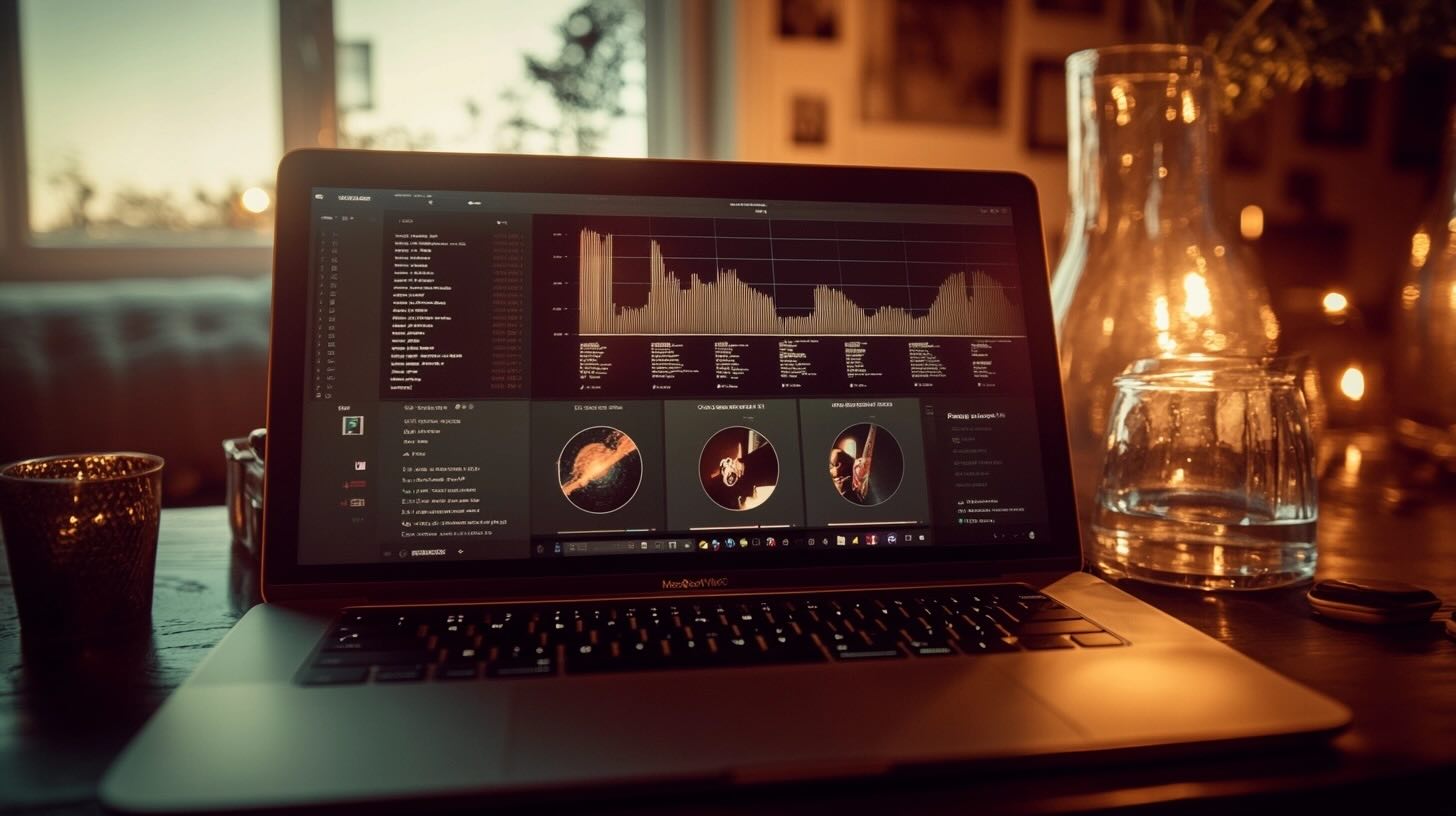 Laptop displaying music analytics charts and data, surrounded by candles and glassware.