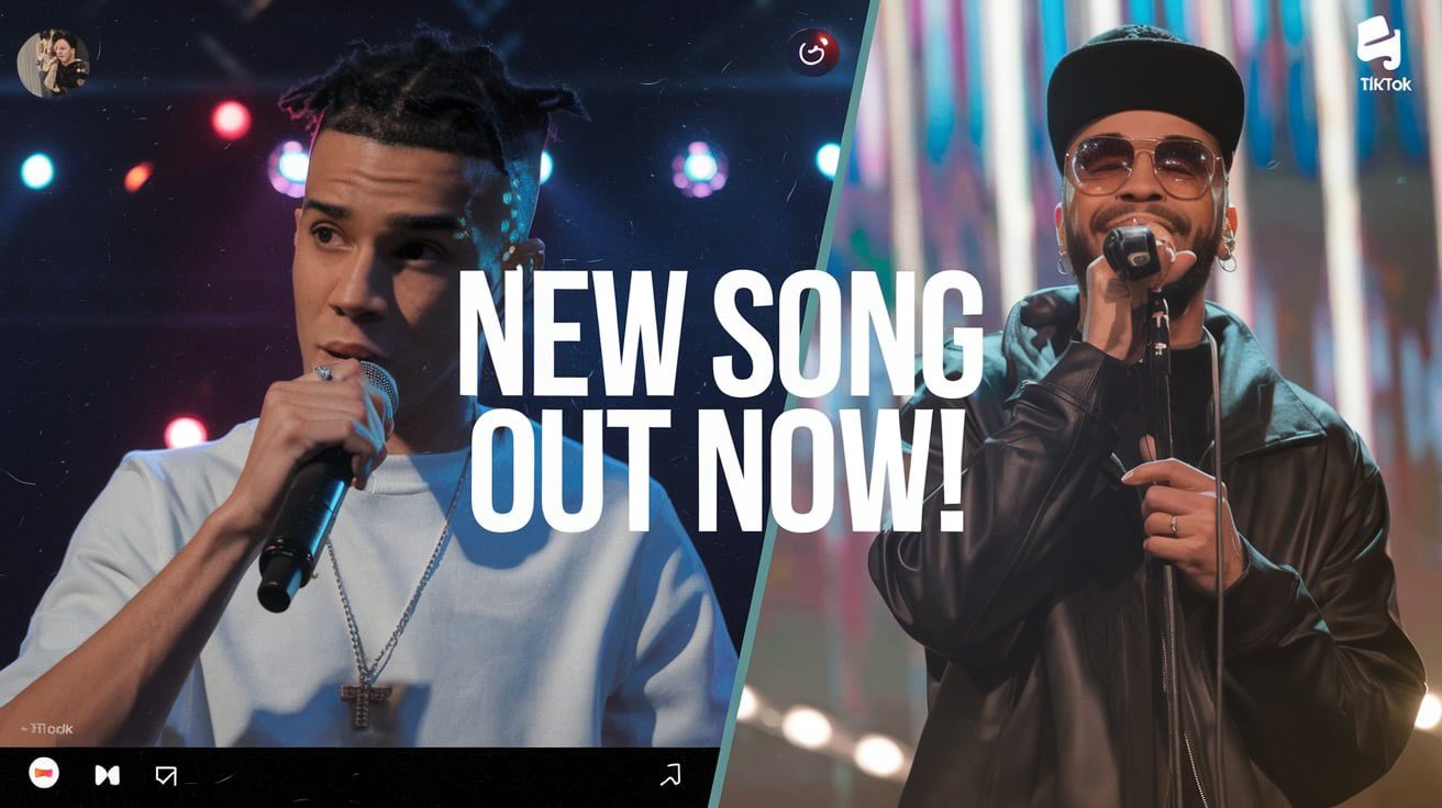 Two musicians singing with text 'NEW SONG OUT NOW!' promoting a release on TikTok.