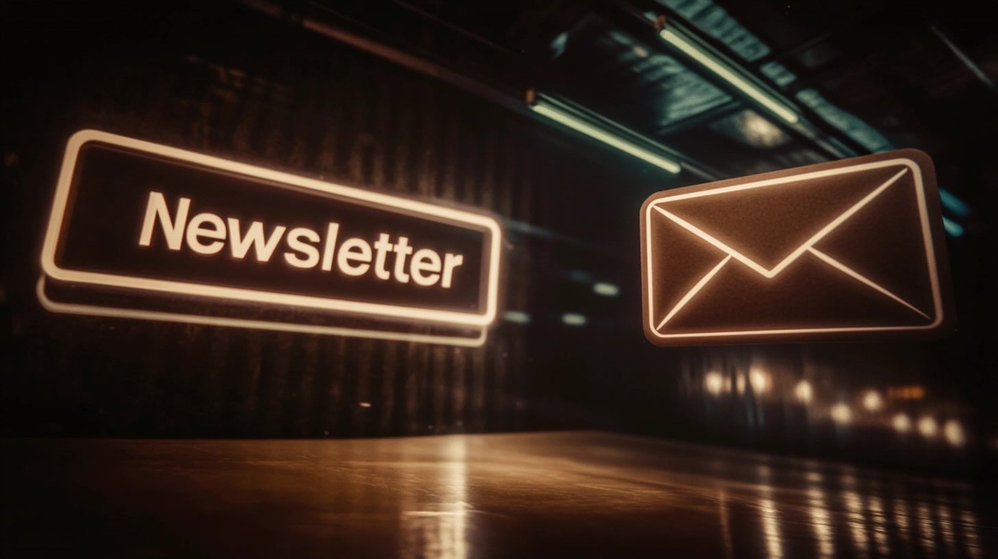 Newsletter and envelope icons glowing, symbolizing marketing and building a fanbase.
