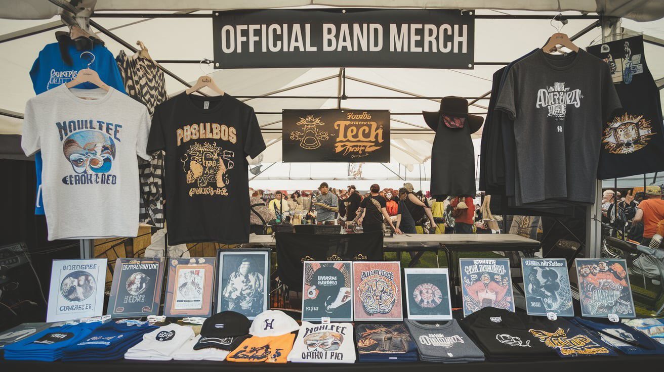 Official band merchandise stand at a live event, selling T-shirts, hats, and posters.