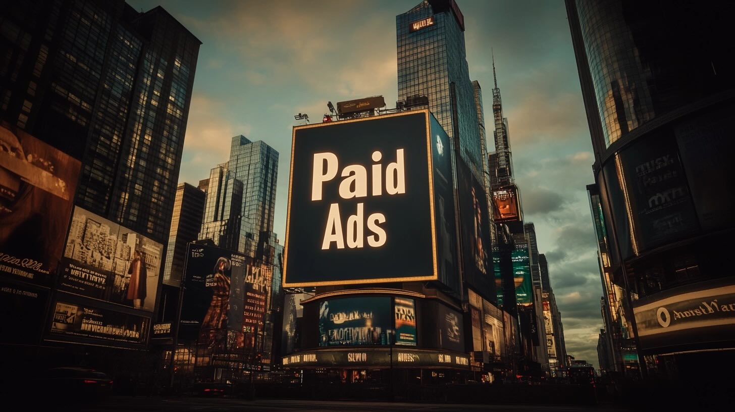 Paid Ads displayed on a large digital billboard in Times Square surrounded by skyscrapers.