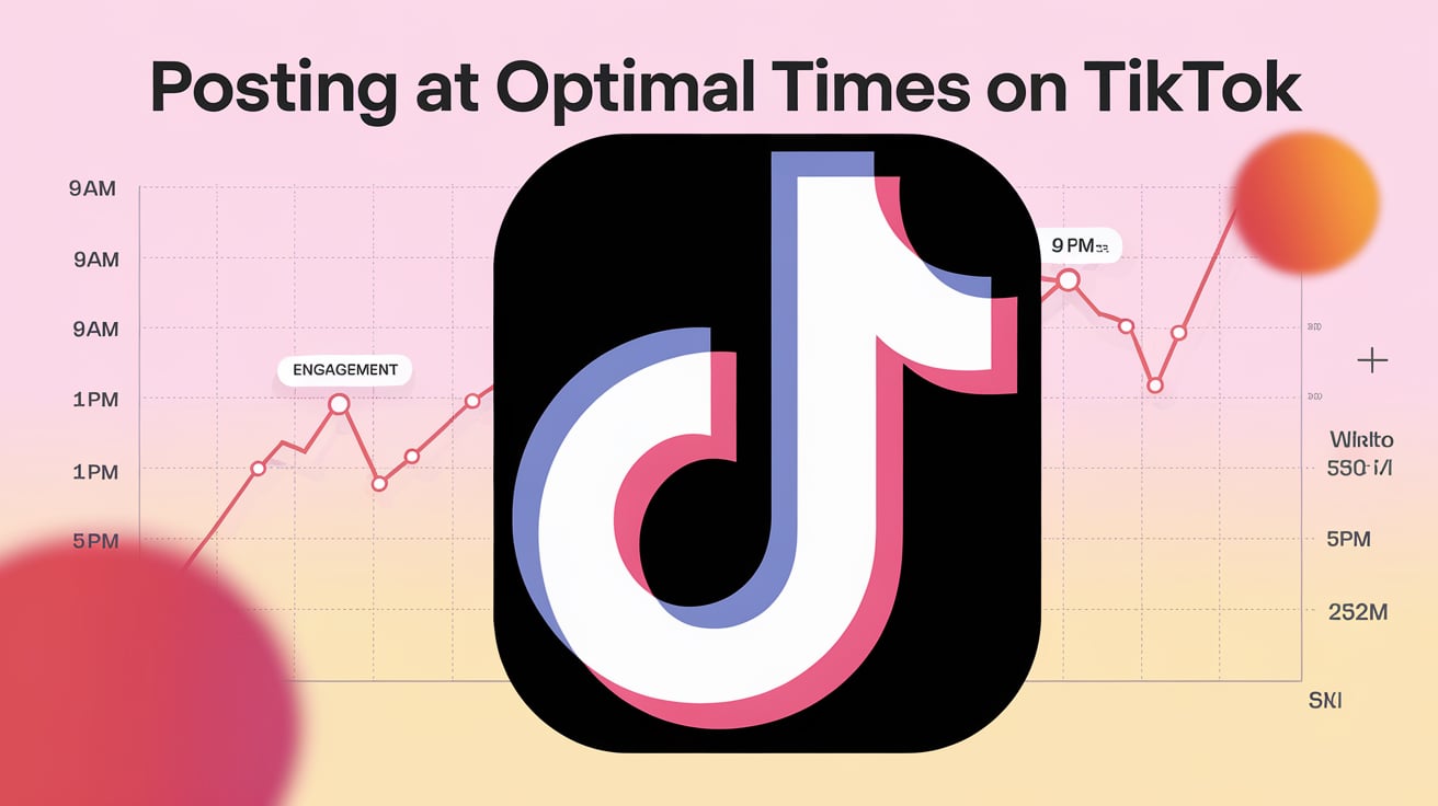 TikTok logo over a graph showing peak engagement times, including 9 PM and 1 PM.