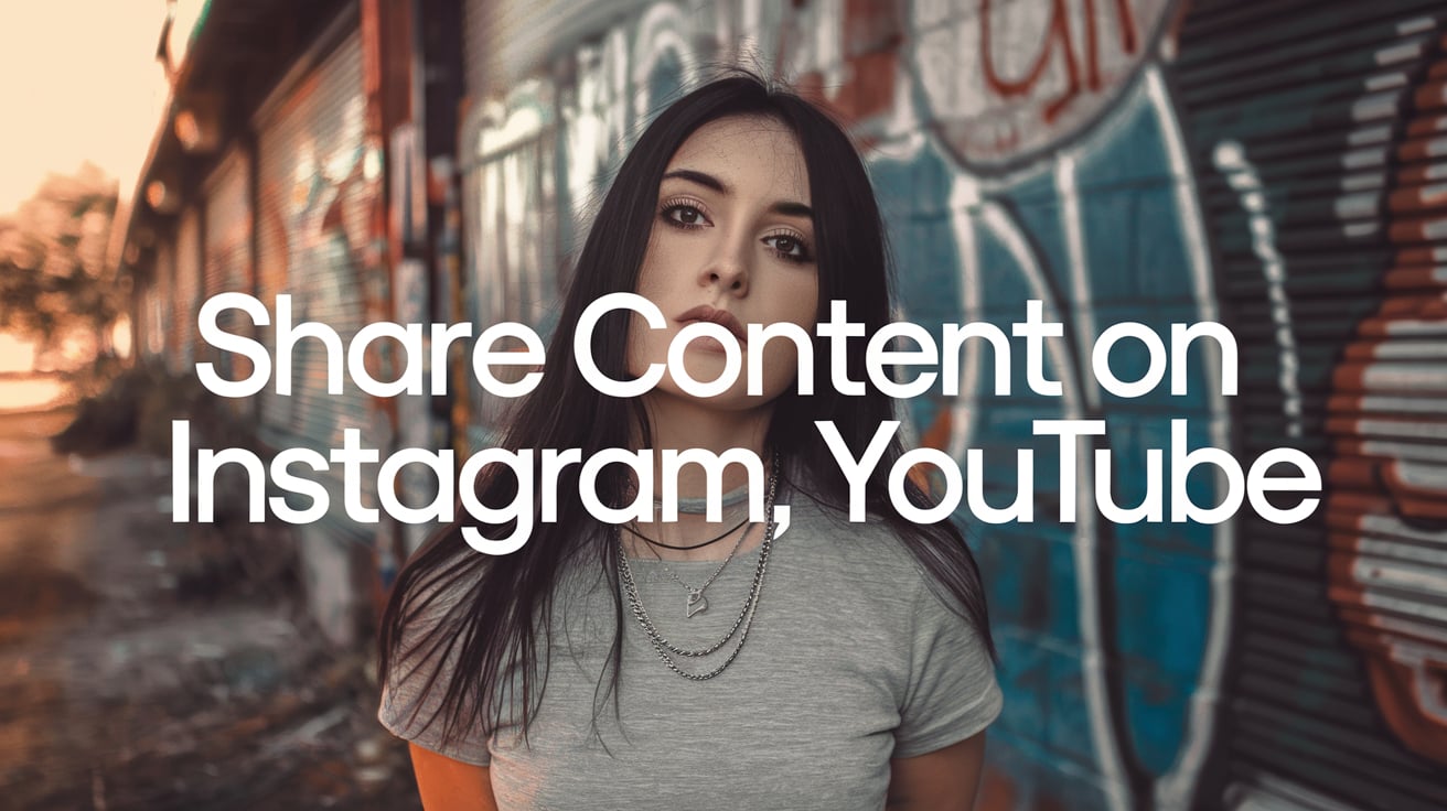 Woman standing by graffiti with the text 'Share Content on Instagram, YouTube.'