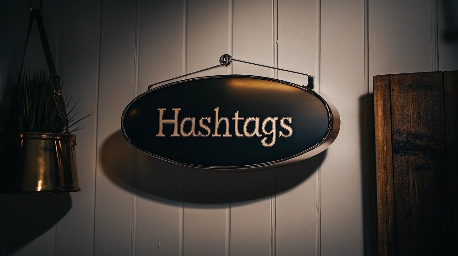 A sign reading 'Hashtags' hanging on a wall, symbolizing social media growth and online presence