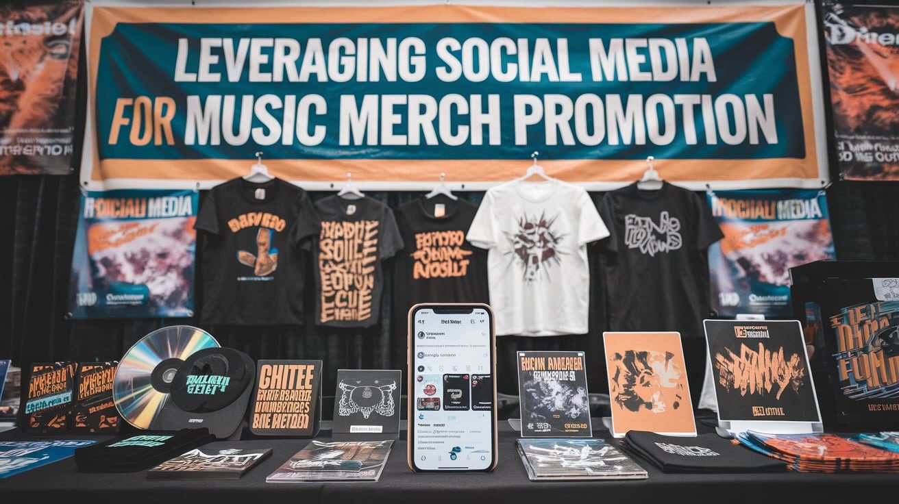 Music merchandise booth promoting products with a "Leverage Social Media" banner.