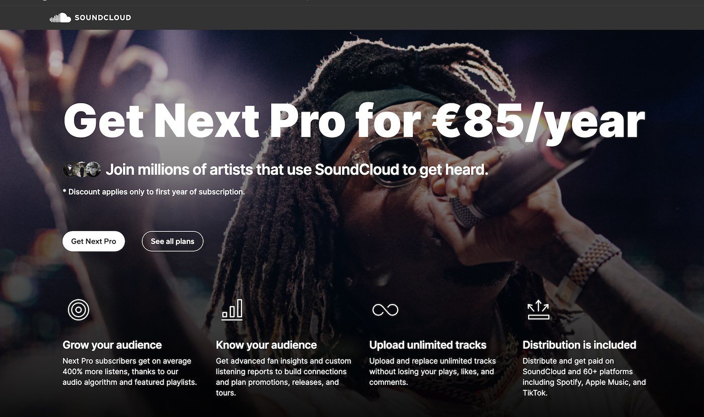 SoundCloud Next Pro subscription ad: "€85/year SoundCloud Next Pro plan ad, highlighting features like unlimited uploads and promotion."