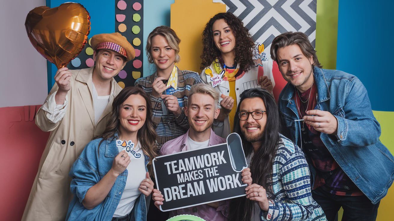 Group of influencers holding props, one holding a sign that says 'Teamwork makes the dream work.'