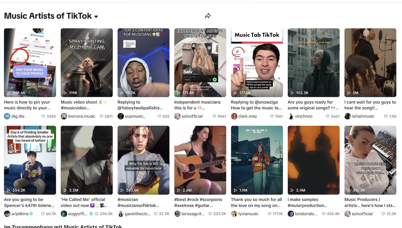 TikTok discover page showing various music artists' posts, including tutorials and performances.
