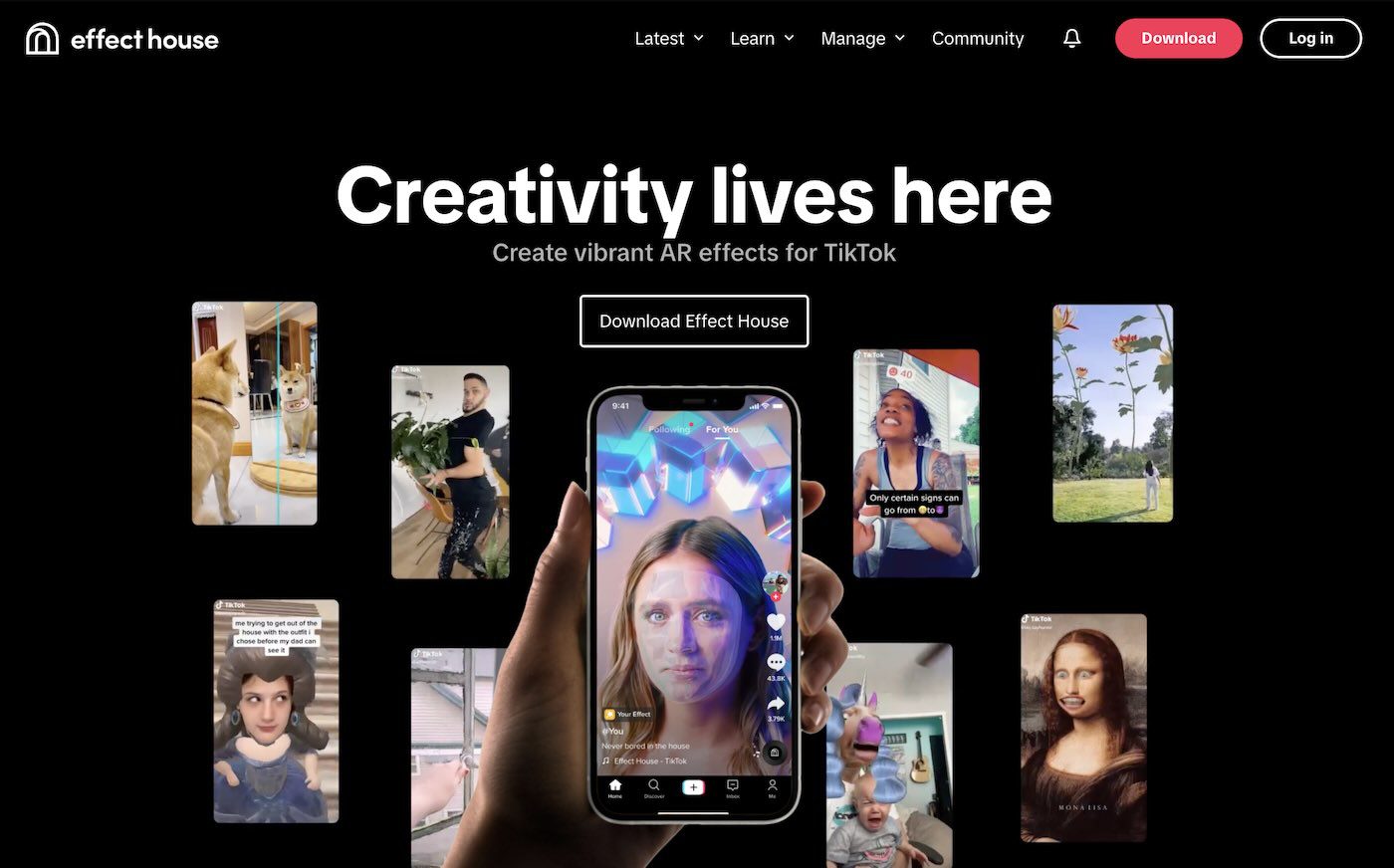 Effect House app with the text 'Creativity lives here,' showing AR filters for TikTok.