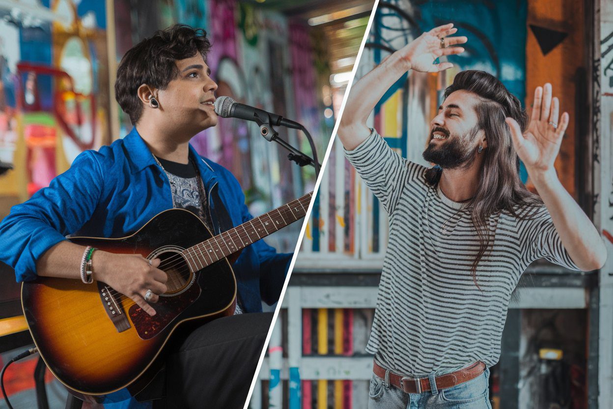 A split-screen image of a man playing guitar and another dancing.