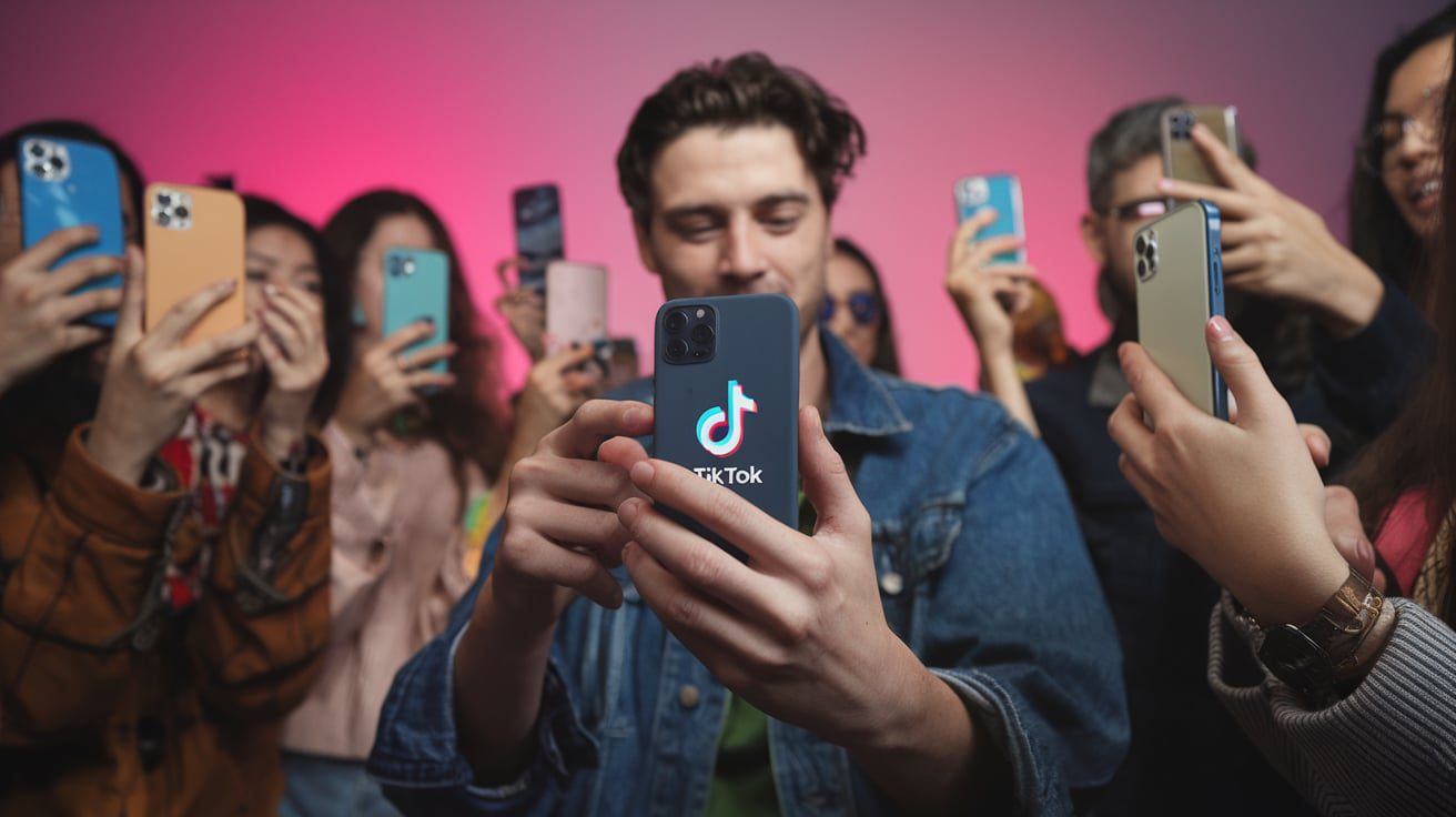 Man holding a phone with TikTok logo, surrounded by people taking photos with their phones.
