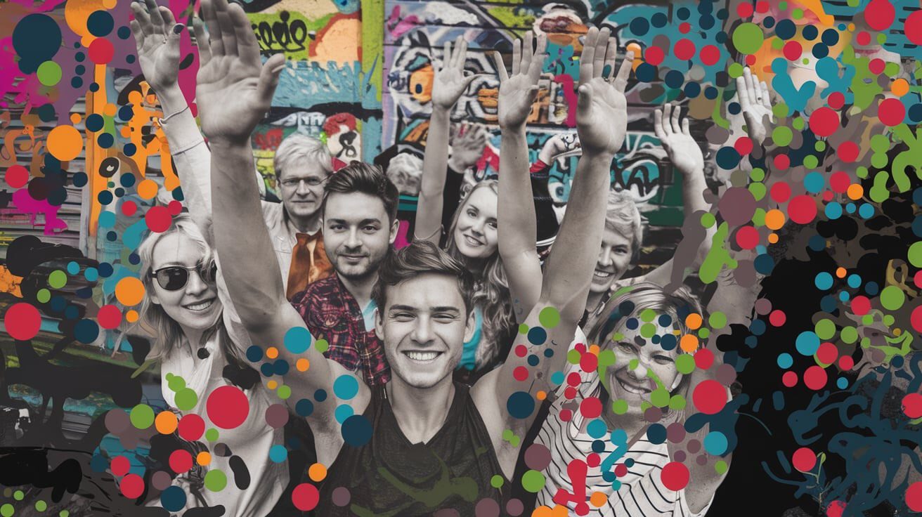 Group of smiling people raising their hands with colorful dots overlaid on the image.