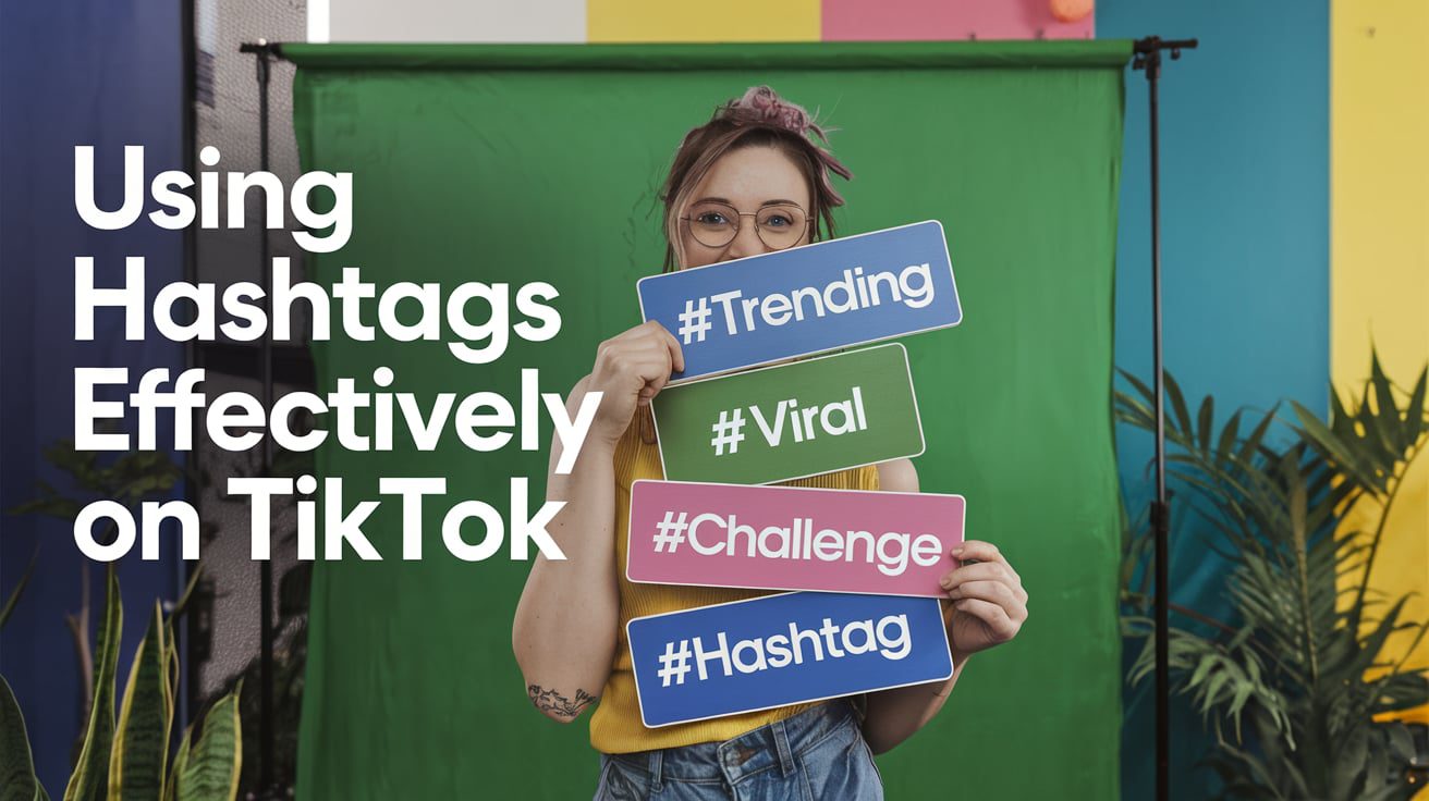 Person holding signs with hashtags like #Trending and #Challenge, promoting TikTok hashtag usage.