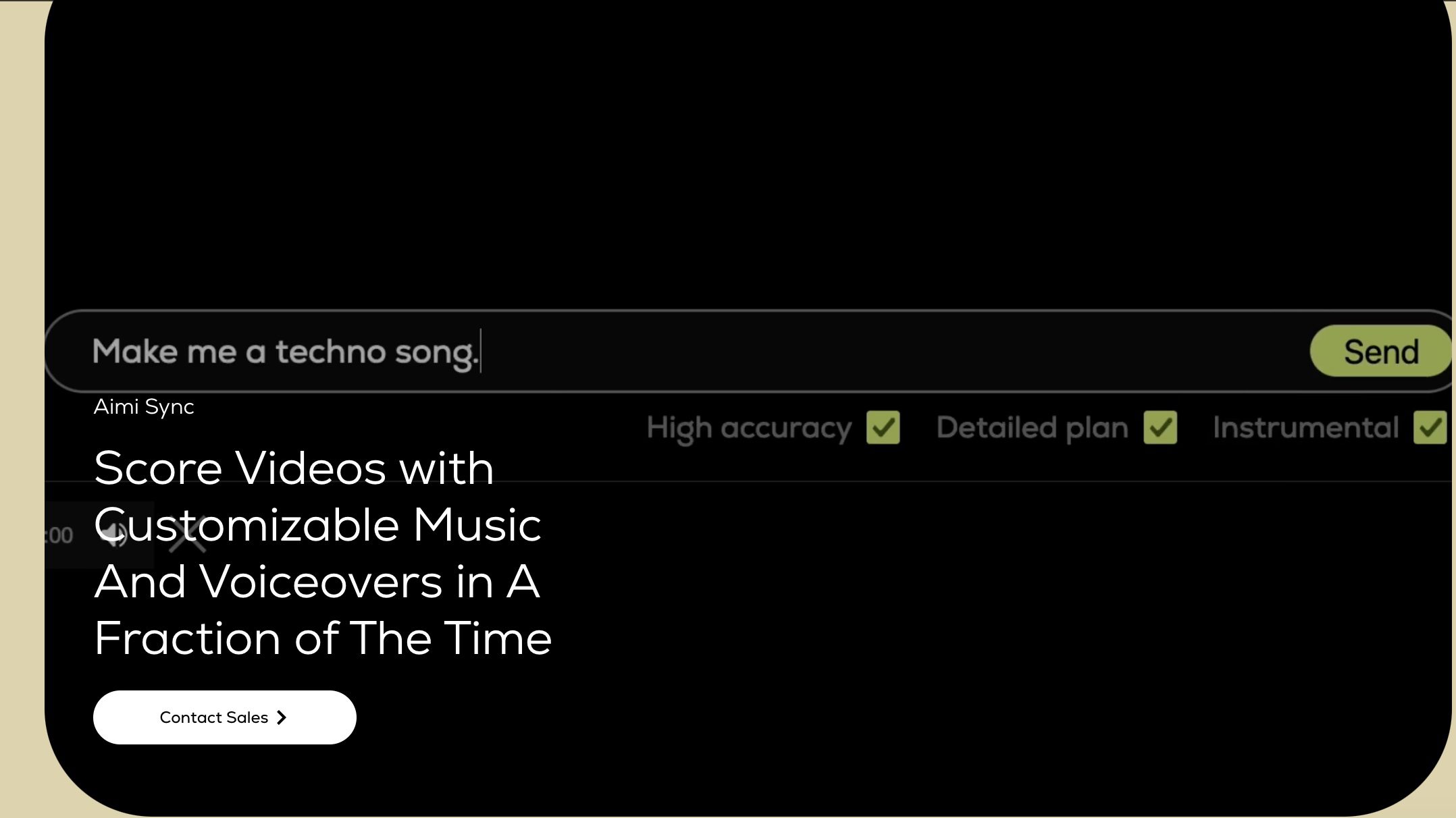 Aimi Sync prompt bar reading 'Make me a techno song' next to High accuracy, Detailed plan, and Instrumental checkmark badges with a Contact Sales CTA