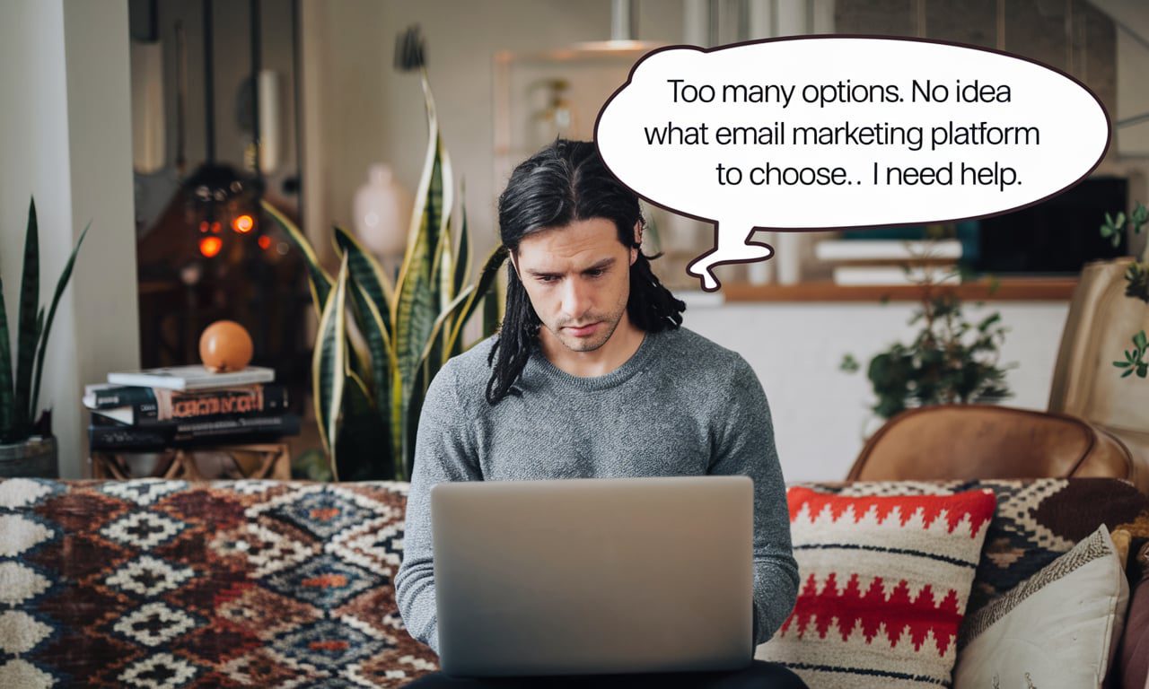 A man sitting on a couch, overwhelmed by the number of email marketing options. The speech bubble reads, 'Too many options. No idea what email marketing platform to choose. I need help.