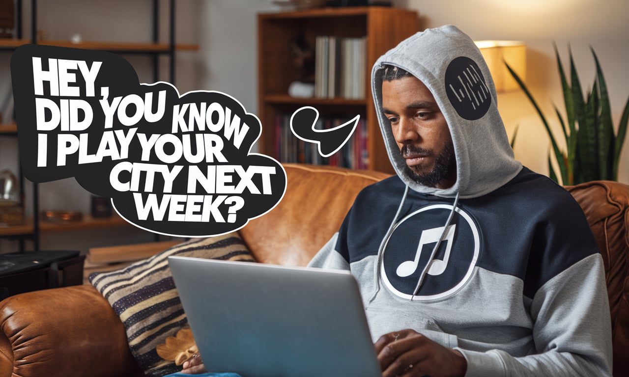 Musician wearing a hoodie, sitting on a couch with a laptop, sending an email to fans about an upcoming show. The speech bubble reads, 'Hey, did you know I play your city next week?