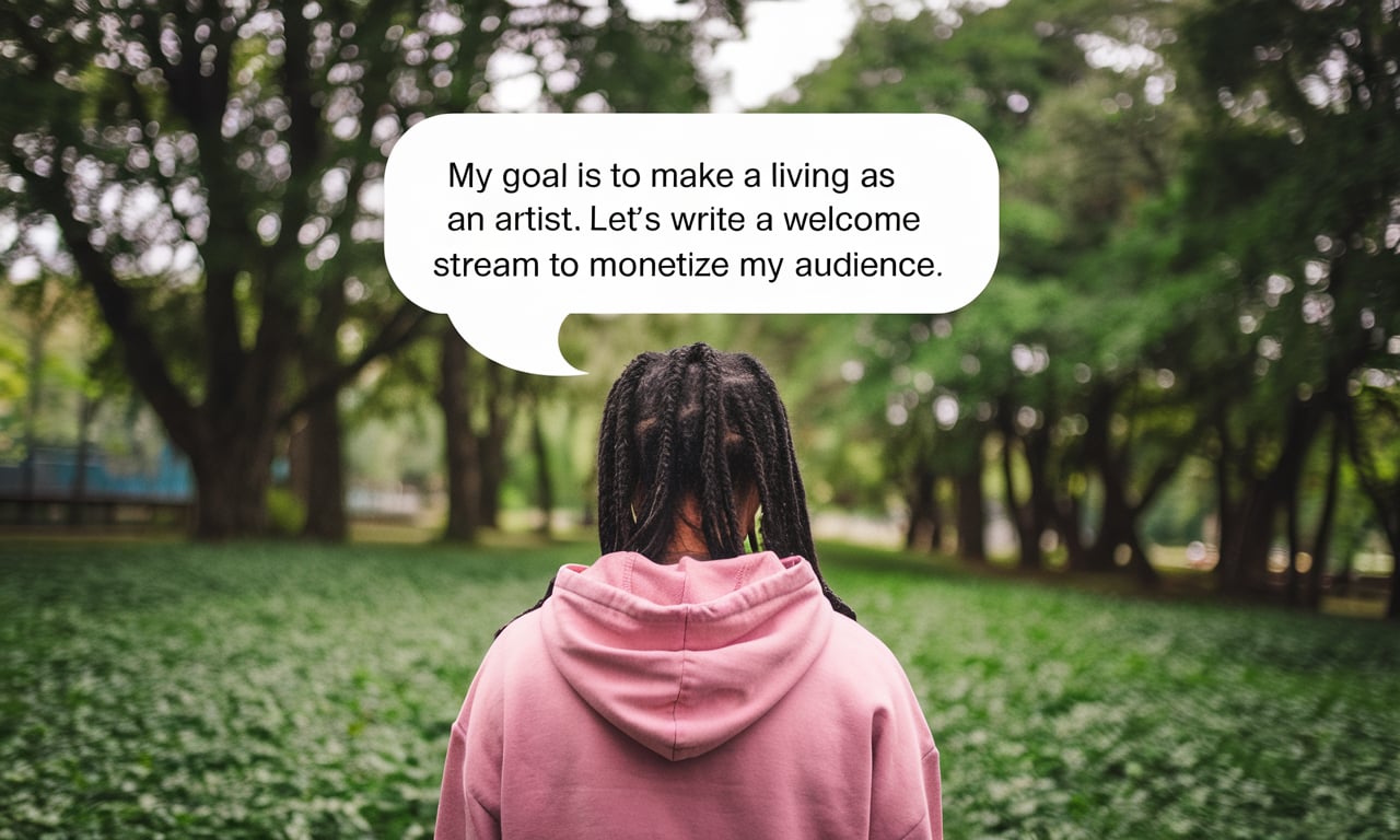 Artist with braided hair standing in a park, thinking about monetizing their audience with email marketing. The text in a speech bubble reads, 'My goal is to make a living as an artist. Let’s write a welcome stream to monetize my audience.